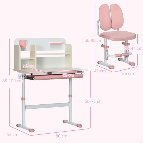 Miniatura 7 de Homcom Juego De Escritorio Y Silla Para Niños De 3 Años Pupitre Infantil Altura Ajustable Con 1 Cajón 1 Estante Para Libros Y Tablero De Mesa Inclinable 80x52x88-109 Cm Rosa Y Blanco