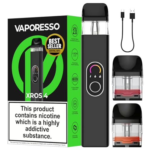 Vaporesso Xros 4 Vape Kit [Black] - Available in 10 colours - 1000mAh Battery 2A Fast Charging (30 Min) 30W Output Triple Power Levels Anti-Leak - Works with all XROS Pods - No Nicotine