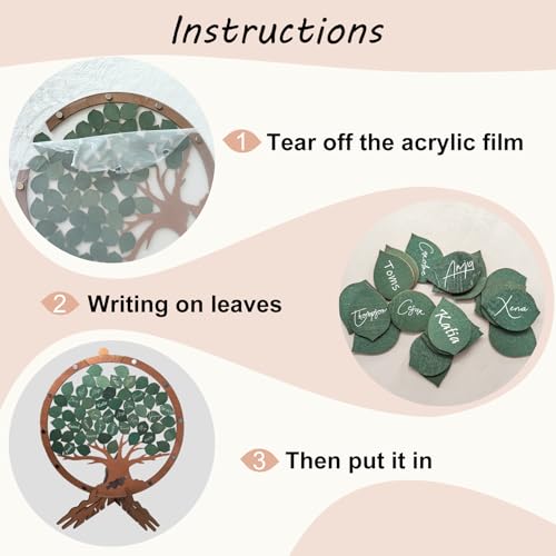 Image of PAMBO Wedding Guest Book Alternative with 55 Green Leaves,Rustic Wooden Family Signing Tree Guest Book - 12 inch Handcrafted Wedding Decoration & Keepsake