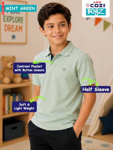 Image of Lux Cozi Boy's Polycotton Polo T-Shirt | Solid Collared Half Sleeve Tee for Kids | Soft Breathable Summer Wear | Casual Smart Polo T-Shirt | 3-14 Years