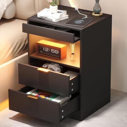 Yusong Night Stand, Bedside Table, LED Nightstand with Charging Station, Modern Night Stand, Wood...