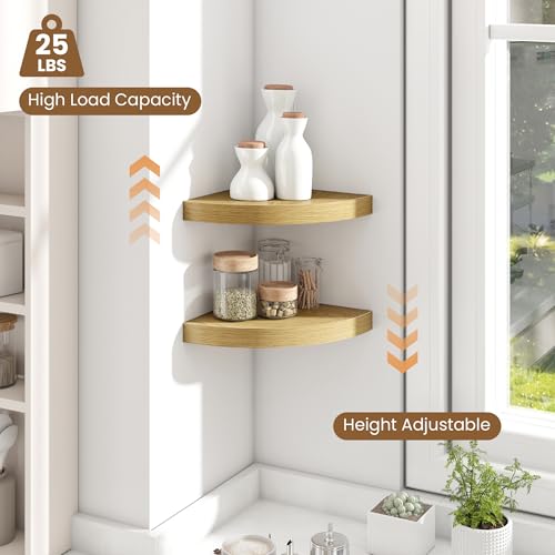 Image of Fun Memories Floating Corner Shelves Set of 2 - Rustic Wood Wall Mounted Storage and Display Shelves for Living Room, Bedroom, Kitchen, Bathroom - Space Saving Home Decor, Oak