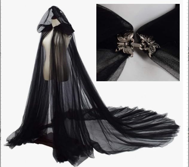 Sheer Wedding Tulle Cape Cloak Hooded Women Tulle Bridal Dress with Long Train for Vintage Costume Cosplay Halloween