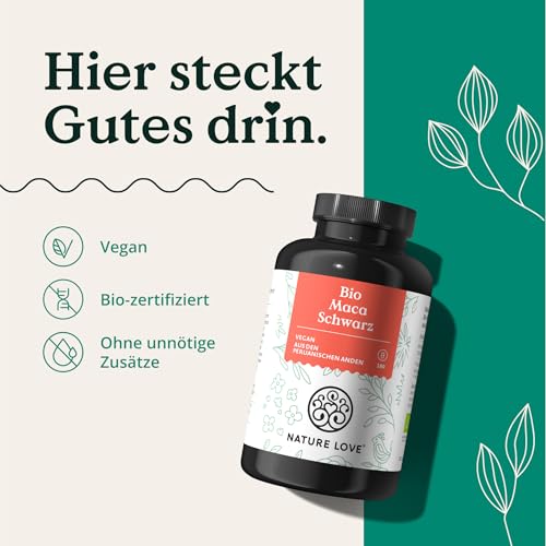 NATURE LOVE® Bio Maca Kapseln (schwarz) - 3000 mg je Tagesdosis - 180 Kapseln - Mit natürlichem Vitamin C - Ohne Magnesiumstearat, Zertifiziert Bio, hochdosiert, vegan, in Deutschland produziert