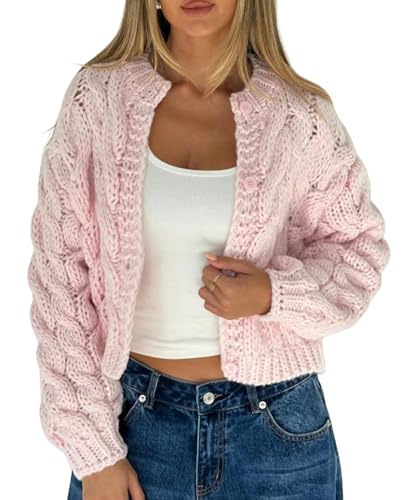 Women Y2k Chunky Cardigan Cable Knit Long Sleeve Open Front Sweater Oversized Cropped Outwear Cardigans