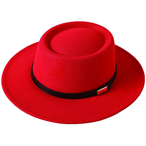Lanzom Women Vintage Wide Brim Warm Wool Fedora Hat Belt Panama Hat Felt Jazz Hat (A-Red Medium)