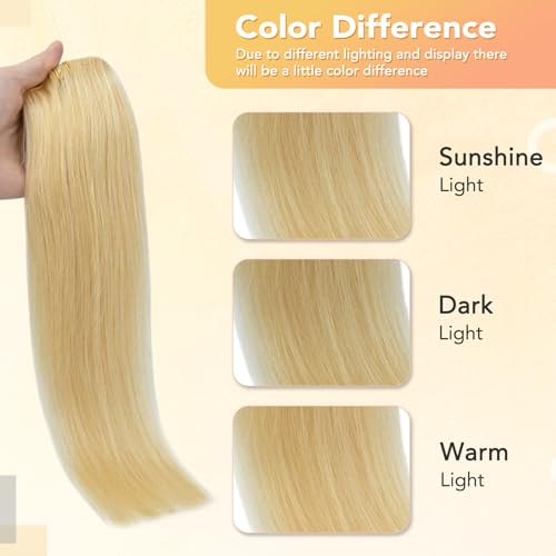 VARIO HAIR Bleached Blonde Human Hair Clip in Extensions, 70g 15 Inch 7pcs Bleached Blonde Clip in Hair Extensions 100% Remy Human Hair Clip in Extensions Silky Straight Weft Remy Hair Clip in
