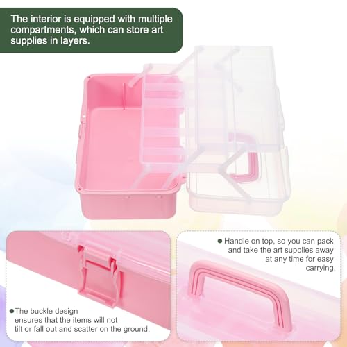 Image of YOKIVE Art Supply Storage Organizer, Art Tool Storage Box 3-Tray Craft Box Art Supplies Organizer with Handle Buckle for Brushes Paints Stamps, Dark Pink