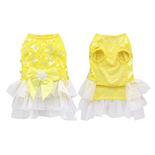 Pet Dog Tutu Dress Skirt Cloth,Bow Lace Birthday Dress For Summer Pet Dog Cat Puppy Princess Lace Skirt Apparel Outfit For Girl (Yellow Butterfly, Xl:chest Girth42Cm,Back Length:35Cm) #TOP2