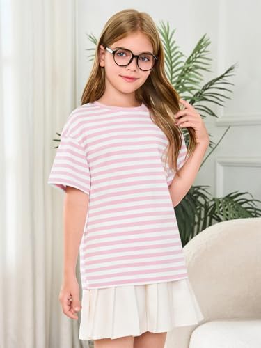 Image of Haloumoning Girls Striped Short Sleeve T Shirts Kids Summer Oversized Tops Casual Crewneck Tees 5-14 Years