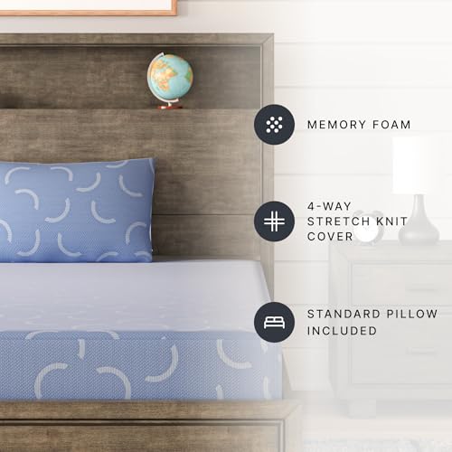Image of Signature Design by Ashley Full Size iKidz 7 Inch Firm Gel Memory Foam Mattress with Stretch Knit Cover & Pillow Included, Blue Ocean, Fiberglass-Free, Mattress in A Box