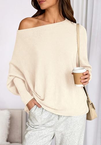 BTFBM Casual Fall Sweaters for Women 2026 Long Batwing Sleeve Ribbed Knit Tops Pullover Loose Off The Shoulder Sweater(Beige,Small) — view 5