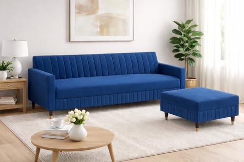 Image of Wooden L Shape Sofa 4 Seater with Ottoman | Velvet Fabric Upholstery | Modern Sectional Wooden Frame Couch for Living Room, Home & Office (Blue)