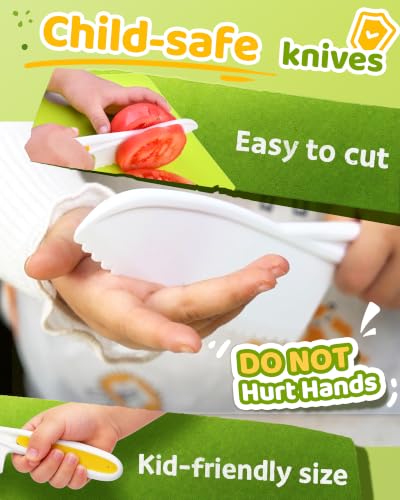Image of Yeeammk Kids Knife Set for Real Cooking, 5 Pcs Kid Safe Plastic Kitchen Knife Set with 3 Knives and 2 Cutting Boards, Montessori Cooking Set for Kids