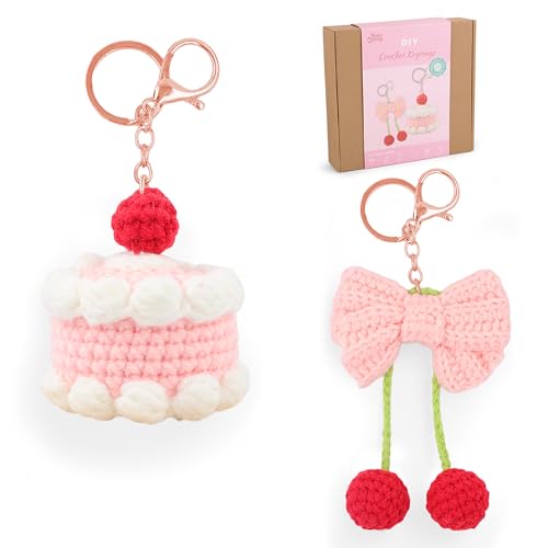 Image of HOUSE CREATIVITY Crochet Keychain Kit for Beginners - Make 2 Cute Cake & Bow Charms, Amigurumi Crochet Starter Kit with Video Tutorial, Yarn & Keyring, DIY Bag Charm Gift