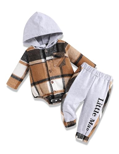 Fuermos Newborn Baby Boy Clothes Plaid Button Long Sleeve Hoodie Romper+ Mama's Boy Pants Fall Winter Outfits Set