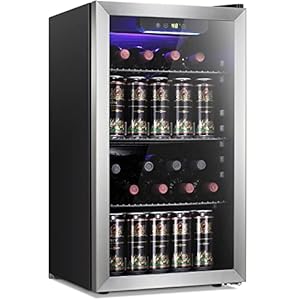 Antarctic Star 26 Bottle 130 Can Wine Cooler/Cabinet Beverage Refrigerator Mini Wine Cellar Beer Soda Clear Glass Door Bar Fridge Quiet Compressor Adjust Temp Freestanding 3.2cu.ft Black
