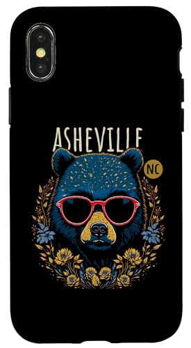 Asheville NC - Oso con gafas, diseño de flores Carcasa para iPhone X/XS