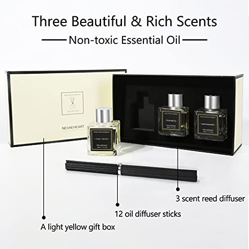 Nevaeheart Reed Diffuser Set, Gardenia/Fairy Neroli/Jasmine & Mint, 1.7Oz X 3 Packs Reed Diffuser, Oil Diffuser Sticks, Home Fragrance Products, Fragrance Diffuser With Gift Box #TOP1