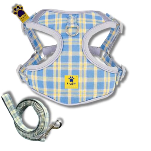 Image of A+a Pets' Harness & Leash Set(Combo) for Cats, Puppies, Small Dogs with 2 Leash Points - Escape Friendly | Night Safety | Reflective Strips |100% Cotton (Blue, XXS)