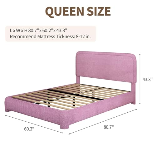 Image of BarnFurin Queen Bed Frame, Cloud Boucle Headboard, Low Profile, Rose Pink | Soft boucle and rounded edges create a low-profile cloud look. Wooden slats support the mattress without a box spring