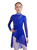 YEAHDOR Vestido de Patinaje Artístico Hielo para Niña Maillot Baile de Manga Larga con Brillante Leotardo Gimnasia con Falda Tul Vestido de Baile Moderno Azul 9-10 años