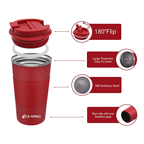 Aquaphile Reusable Coffee Cup, Coffee Travel Mug With Leak-Proof Lid, Thermal Mug Double Walled Insulated Cup, Stainless Steel Portable Cup With Rubber Grip, For Hot And Cold Drinks(New-Red, 12 Oz) #TOP3