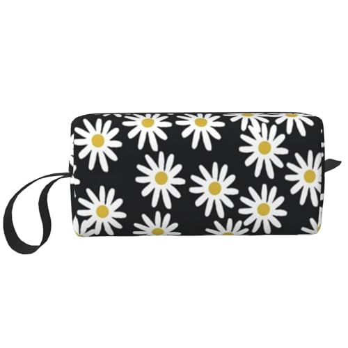 Borsa per il trucco per la ricezione per cosmetici da viaggio da toilette per portatile Organizer Margherite Fiori Floreali In bianco nero Semplice