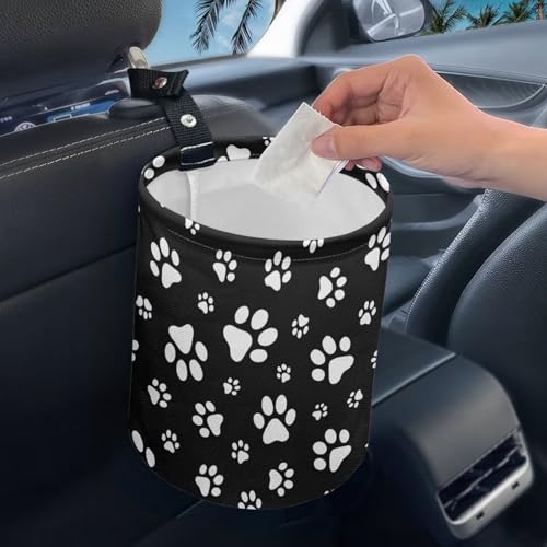 Image of Car Trash Can, Black White Dog Paw Trash Bag, Hanging Car Organizer and Storage Bag, Universal Fit for Front Seat, Back Seat, Floor, Headrest