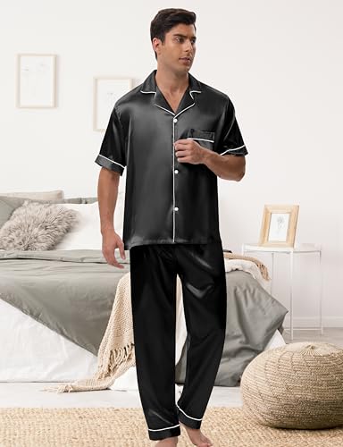 MORFORU Mens Satin Pajamas Set 2 Pcs Short Sleeve Button Down Silky Pajamas for Men Pjs Set Sleepwear with Sleep Mask3