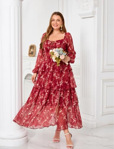 Image of EYWOL Plus Size Long Sleeve Floral Tiered Semi Formal Wedding Guest Dress | Chiffon Maxi, On or Off Shoulder, Flowy A-Line, Side Slit, Elastic Back Waist, Cocktail, Dinner Party, Engagement, Prom, Gala
