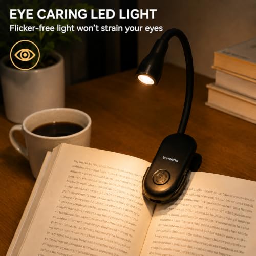 Yunaking Book Light for Reading in Bed, Clip On Reading Light with Flexible Gooseneck, 3 Brightness Levels, Eye-Caring LED Light, USB Rechargeable Portable Night Light for Books, Bed, Travel and Study - Image 3