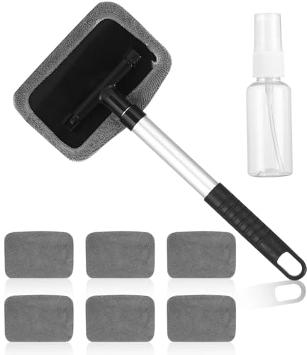 Huifoo Limpiador de parabrisas para coche con 6 almohadillas de microfibra y botellas de spray, kit de limpiacristales de coche, limpiador interior con mango extensible, giratorio 180 grados, gris