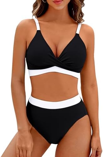 BMJL 女式高腰比基尼套装 V 领两件套泳衣拼色前部扭结泳衣