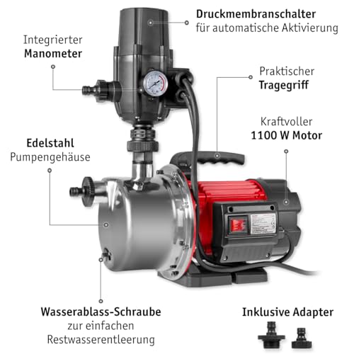 WALTER Hauswasserautomat 1100 W, Wasserpumpe, Trockenlaufschutz, Hauswasserwerk zur Wasserversorgung...