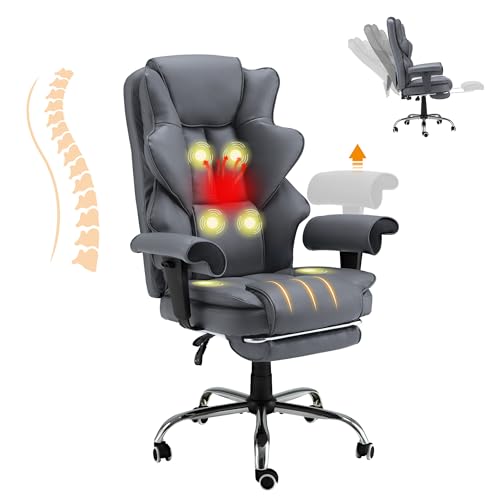 HOMREST 6-Point Massage Office Chair,Heating Executive Chairs,Ergonomic Home Office Desk Chairs with Retractable Footrest and Reclining Function,Leather Computer Chair with Adjustable Armrest(Gray)