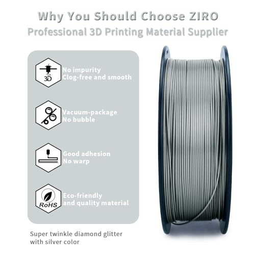 Image of ZIRO Shiny Sparkle PLA Filament with Glitter, Shining 3D Printer PLA Filament 1.75mm, Diamond Series 1.75 1kg /2.2lbs Spool, Neatly Wound, Fit Most FDM 3D Printers, Dimaond Silver