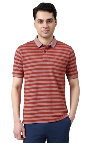 Image of Peter England Men's Cotton-Polyester Blend Striped Polo T-Shirt | Casual Wear | Durable & Trendy Regular Fit