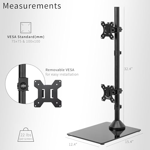 Image of VIVO Dual Monitor Desk Stand with Tempered Glass Base, Free-Standing LCD Mount, Holds in Stacked Vertical Position 2 Ultrawide Screens up to 34 inches, Black, STAND-V002LG