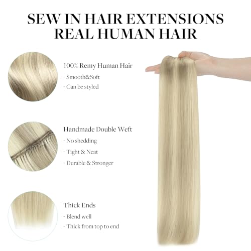 Image of DOORES Weft Hair Extensions Human Hair, 16 Inch 80g Ash Blonde Highlighted Platinum Blonde Sew in Hair Extensions Real Human Hair Highlights Hair Weft Extensions Sew in Hair Bundles