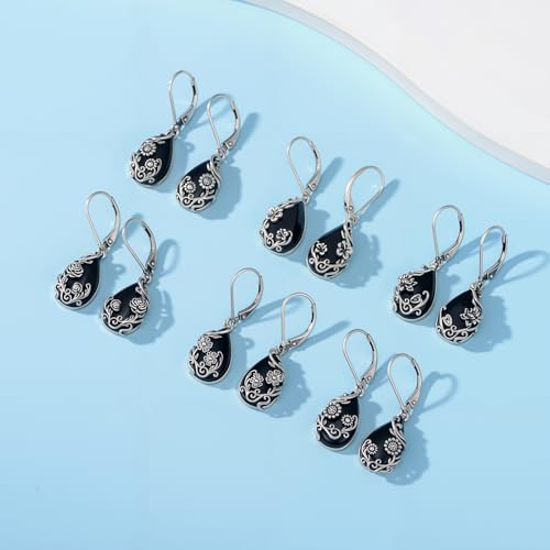 Boucles d'oreilles onyx noir en argent 925 de style goutte et fleur