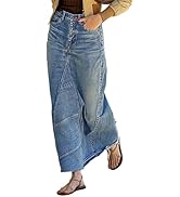 Flamingals A-Line High Rise Vintage Raw Hem Zipped Up Seam Detail Long Denim Skirt Without Belt
