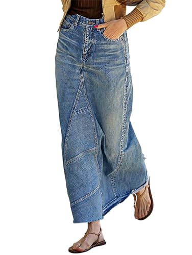 Flamingals A-Line High Rise Vintage Raw Hem Zipped Up Seam Detail Long Denim Skirt Without Belt