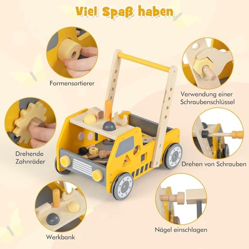 FANTASK Lauflernwagen Holz, 2-in-1 Baby Walker, Lauflernhilfe mit Multi-Aktivitätszentrum & Werkbank, Laufwagen für Kinder ab 1 Jahr Indoor