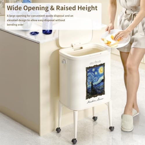 Image of MRBIN Metal Kitchen Trash Can with Wheel Legs, 36L / 9.5gal Medium Press Lid Slim Removable Waste Basket, Pet Proof Tall Narrow Garbage Pail for Vanity, Bedroom, Bathroom, Living Room, Starry Night