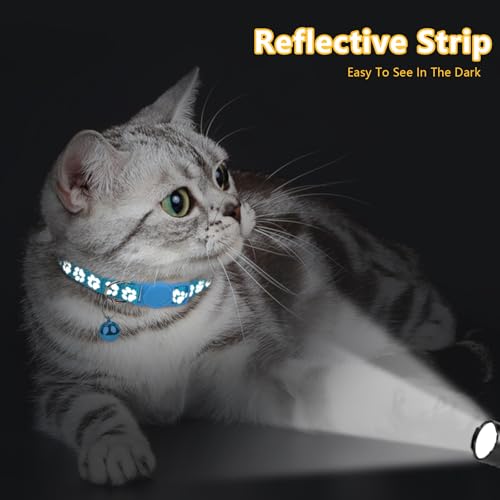 Image of Taglory Reflective Cat Collar Personalized with Name and Number, Cat Collars Breakaway with Bell and ID Tag, 7.5-12.5 inch Sky Blue