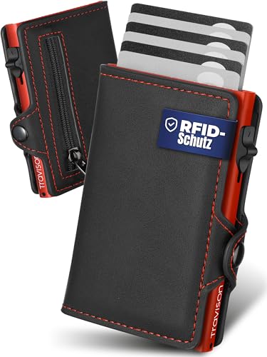 Travison SMART Wallet mit Münzfach und Geldscheinfach - Kartenetui mit Münzfach und Schnellzugriff - RFID-Schutz - Herren Geldbörse klein - Kreditkartenetui - Geldbörse mini (Schwarz - Rot)