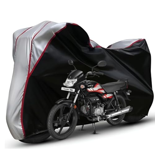 Image of Waterproof Bike Body Cover Compatible with Hero Hf Duluxe Dustproof Scratchproof - Motorcycle Cover for Two Wheeler, Outdoor Full Cover with UV, Duty, Rain Protection (Black Top Silver)