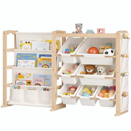 Fodoss Book Shelf for Kids Rooms - Toy Storage Organizer with Bookshelf, Solid Wood Kids Bookshelf with 7 Bins, Side Storage Pockets, Large Toy...