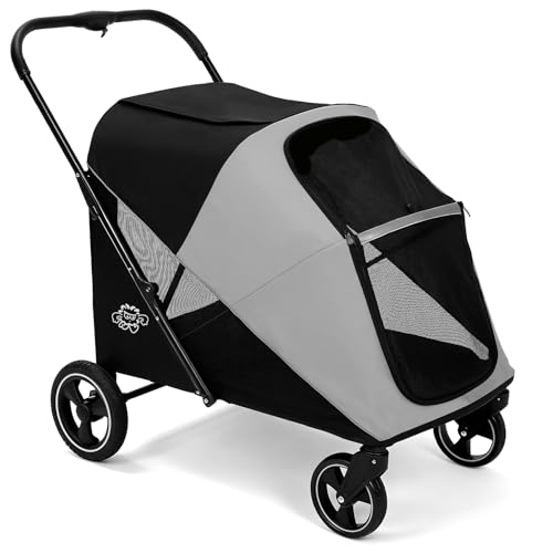 Image of Dog Stroller for Large & Medium Dogs, 4 Wheels Pet Stroller for Large Dogs up to 120lbs, Extra Large Dog Stroller with Foldable Design, Sun Shades, Storage Pocket, Breathable Mesh